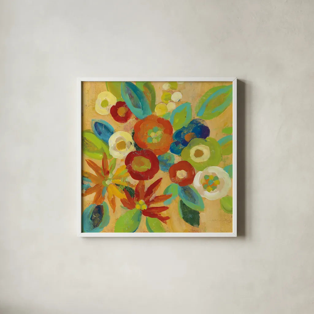 Flower Market III by Silvia Vassileva. Shown in a crisp white glass frame for a clean and minimalist style. Available as an archival giclee rolled canvas, fine art paper, or poster print. SKU 27129a.