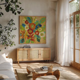 Flower Market III by Silvia Vassileva. Shown in a natural wood frame in a cozy modern living room. Available as an archival giclee rolled canvas, fine art paper, or poster print. SKU 27129a.