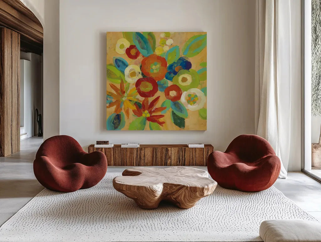 Flower Market III by Silvia Vassileva. Shown as extra-large giant wall art in a modern living room. Available as an archival giclee rolled canvas, fine art paper, or poster print. SKU 27129a.