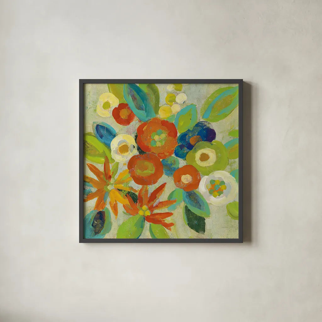 Flower Market III Cool by Silvia Vassileva. Shown in a sleek black glass frame for a contemporary gallery look. Available as an archival giclee rolled canvas, fine art paper, or poster print. SKU 27642a.