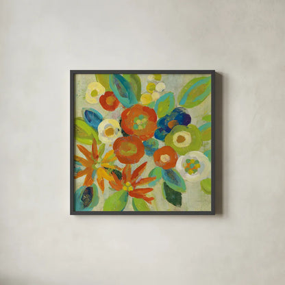 Flower Market III Cool by Silvia Vassileva. Shown in a sleek black glass frame for a contemporary gallery look. Available as an archival giclee rolled canvas, fine art paper, or poster print. SKU 27642a.