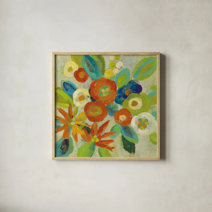Flower Market III Cool by Silvia Vassileva. Shown in a natural wood glass frame for a timeless modern aesthetic. Available as an archival giclee rolled canvas, fine art paper, or poster print. SKU 27642a.