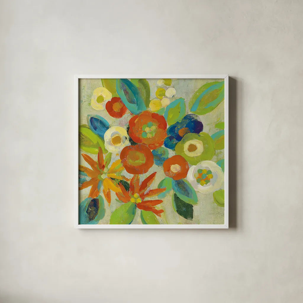 Flower Market III Cool by Silvia Vassileva. Shown in a crisp white glass frame for a clean and minimalist style. Available as an archival giclee rolled canvas, fine art paper, or poster print. SKU 27642a.