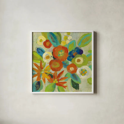 Flower Market III Cool by Silvia Vassileva. Shown in a crisp white glass frame for a clean and minimalist style. Available as an archival giclee rolled canvas, fine art paper, or poster print. SKU 27642a.