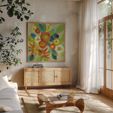 Flower Market III Cool by Silvia Vassileva. Shown in a natural wood frame in a cozy modern living room. Available as an archival giclee rolled canvas, fine art paper, or poster print. SKU 27642a.