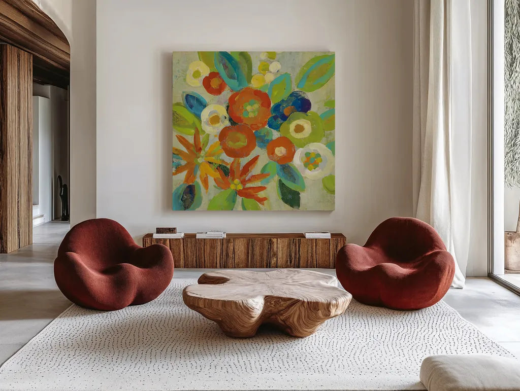 Flower Market III Cool by Silvia Vassileva. Shown as extra-large giant wall art in a modern living room. Available as an archival giclee rolled canvas, fine art paper, or poster print. SKU 27642a.