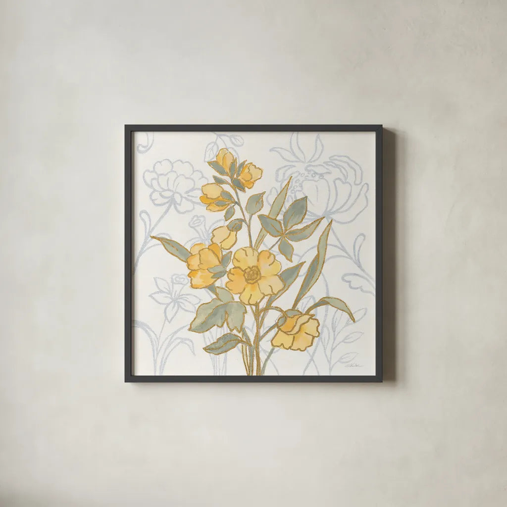 Flower Sophistication I by Silvia Vassileva. Shown in a sleek black glass frame for a contemporary gallery look. Available as an archival giclee rolled canvas, fine art paper, or poster print. SKU 66079a.