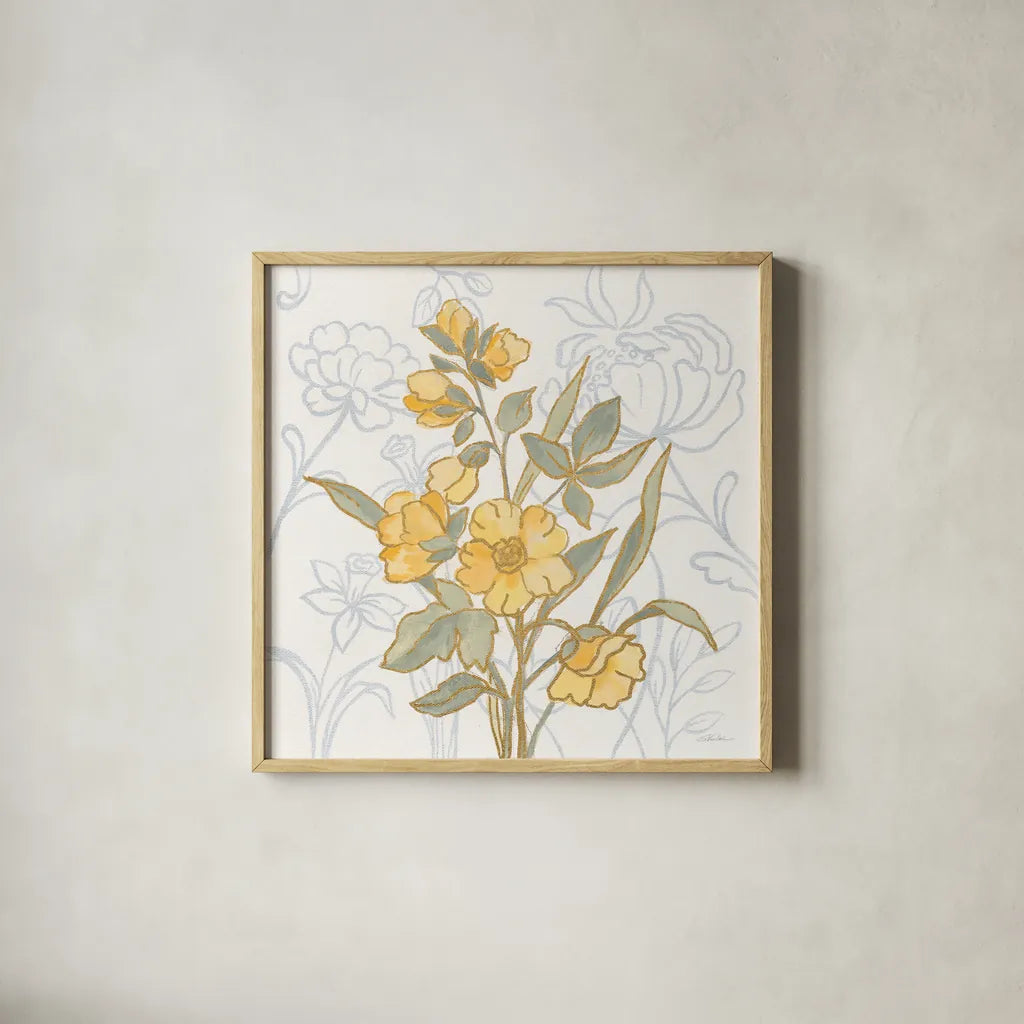 Flower Sophistication I by Silvia Vassileva. Shown in a natural wood glass frame for a timeless modern aesthetic. Available as an archival giclee rolled canvas, fine art paper, or poster print. SKU 66079a.
