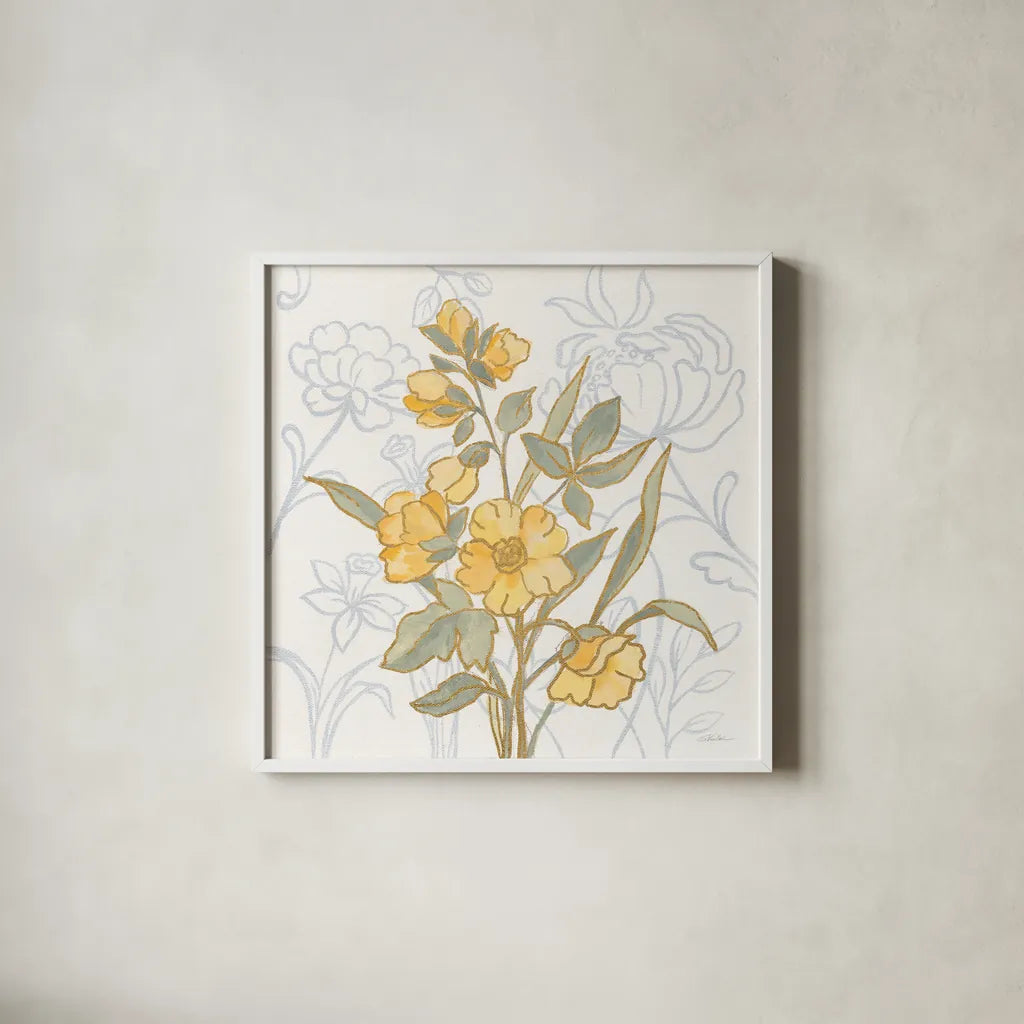 Flower Sophistication I by Silvia Vassileva. Shown in a crisp white glass frame for a clean and minimalist style. Available as an archival giclee rolled canvas, fine art paper, or poster print. SKU 66079a.