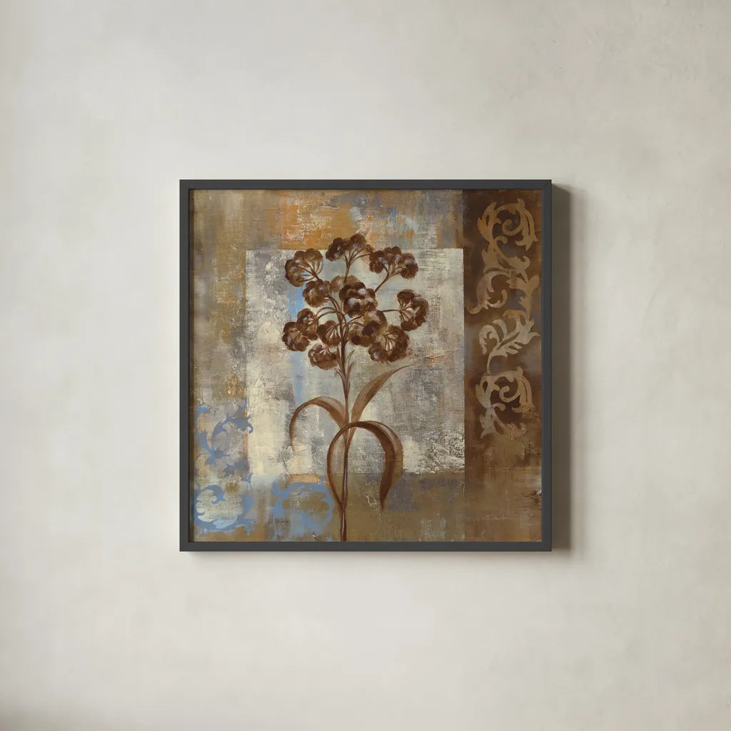 Flower on Slate II by Silvia Vassileva. Shown in a sleek black glass frame for a contemporary gallery look. Available as an archival giclee rolled canvas, fine art paper, or poster print. SKU 60266a.