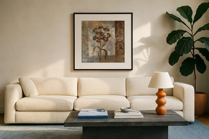 Flower on Slate II by Silvia Vassileva. Displayed in a glass frame with matte in a clean modern living room. Available as an archival giclee rolled canvas, fine art paper, or poster print. SKU 60266a.
