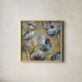 Flowers in Dusk I by Silvia Vassileva. Shown in a natural wood glass frame for a timeless modern aesthetic. Available as an archival giclee rolled canvas, fine art paper, or poster print. SKU 3735a.