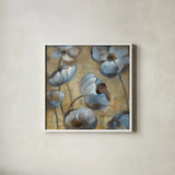 Flowers in Dusk I by Silvia Vassileva. Shown in a crisp white glass frame for a clean and minimalist style. Available as an archival giclee rolled canvas, fine art paper, or poster print. SKU 3735a.