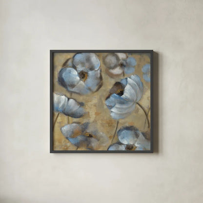 Flowers in Dusk II by Silvia Vassileva. Shown in a sleek black glass frame for a contemporary gallery look. Available as an archival giclee rolled canvas, fine art paper, or poster print. SKU 1157a.