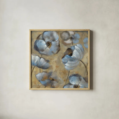 Flowers in Dusk II by Silvia Vassileva. Shown in a natural wood glass frame for a timeless modern aesthetic. Available as an archival giclee rolled canvas, fine art paper, or poster print. SKU 1157a.