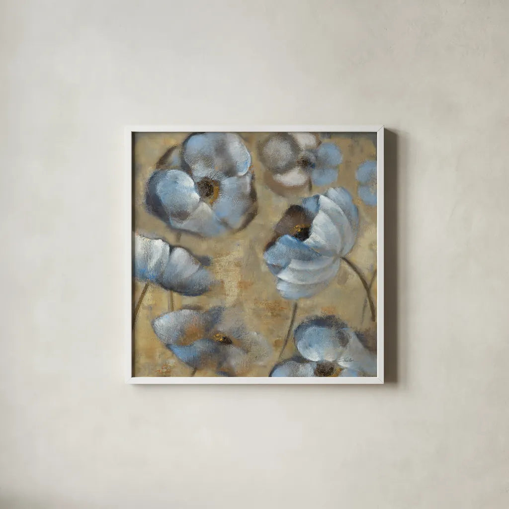 Flowers in Dusk II by Silvia Vassileva. Shown in a crisp white glass frame for a clean and minimalist style. Available as an archival giclee rolled canvas, fine art paper, or poster print. SKU 1157a.