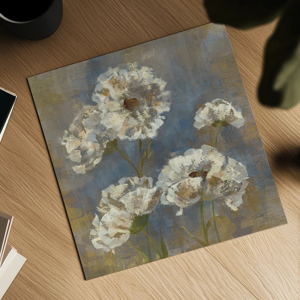Flowers in Morning Dew I by Silvia Vassileva. Shown as a detailed flat fine art print, highlighting archival giclee quality. Available as an archival giclee rolled canvas, fine art paper, or poster print. SKU 3748a.