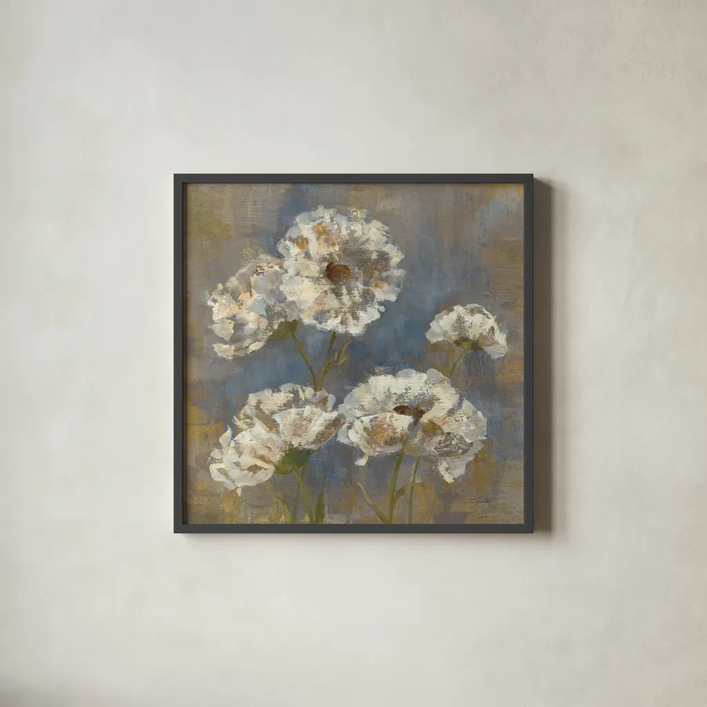 Flowers in Morning Dew I by Silvia Vassileva. Shown in a sleek black glass frame for a contemporary gallery look. Available as an archival giclee rolled canvas, fine art paper, or poster print. SKU 3748a.