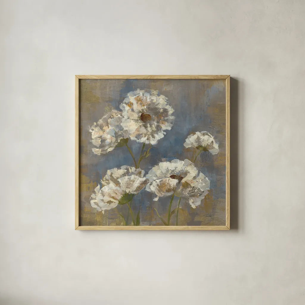 Flowers in Morning Dew I by Silvia Vassileva. Shown in a natural wood glass frame for a timeless modern aesthetic. Available as an archival giclee rolled canvas, fine art paper, or poster print. SKU 3748a.
