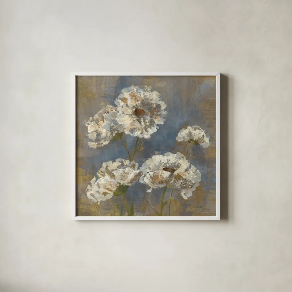 Flowers in Morning Dew I by Silvia Vassileva. Shown in a crisp white glass frame for a clean and minimalist style. Available as an archival giclee rolled canvas, fine art paper, or poster print. SKU 3748a.