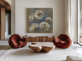 Flowers in Morning Dew I by Silvia Vassileva. Shown as extra-large giant wall art in a modern living room. Available as an archival giclee rolled canvas, fine art paper, or poster print. SKU 3748a.