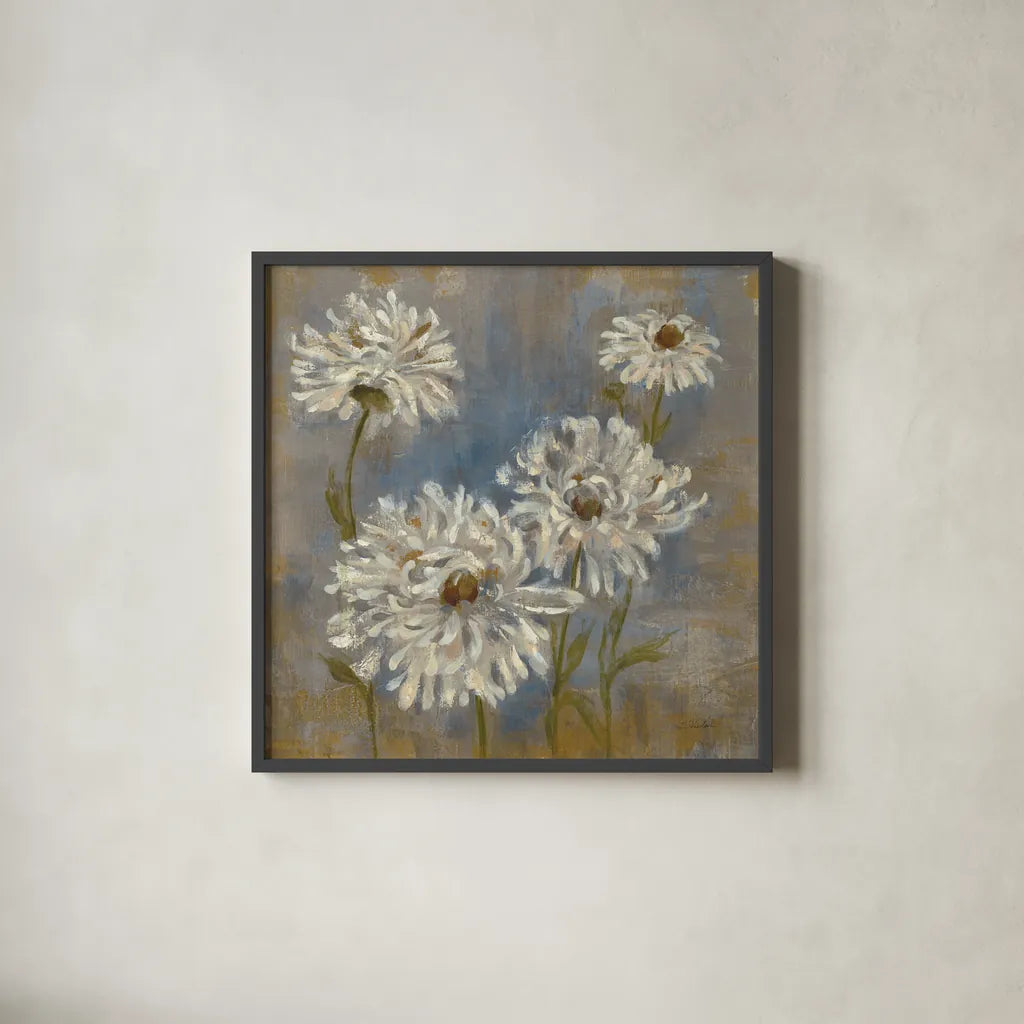 Flowers in Morning Dew II by Silvia Vassileva. Shown in a sleek black glass frame for a contemporary gallery look. Available as an archival giclee rolled canvas, fine art paper, or poster print. SKU 3749a.
