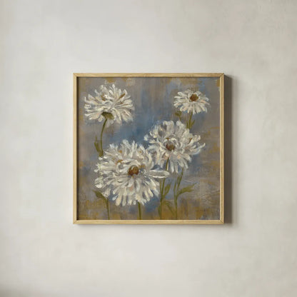 Flowers in Morning Dew II by Silvia Vassileva. Shown in a natural wood glass frame for a timeless modern aesthetic. Available as an archival giclee rolled canvas, fine art paper, or poster print. SKU 3749a.
