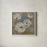 Flowers in Morning Dew II by Silvia Vassileva. Shown in a crisp white glass frame for a clean and minimalist style. Available as an archival giclee rolled canvas, fine art paper, or poster print. SKU 3749a.