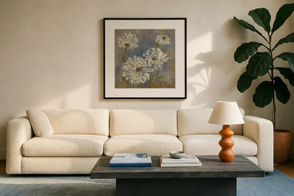 Flowers in Morning Dew II by Silvia Vassileva. Displayed in a glass frame with matte in a clean modern living room. Available as an archival giclee rolled canvas, fine art paper, or poster print. SKU 3749a.