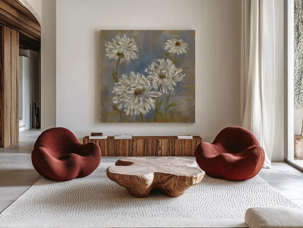 Flowers in Morning Dew II by Silvia Vassileva. Shown as extra-large giant wall art in a modern living room. Available as an archival giclee rolled canvas, fine art paper, or poster print. SKU 3749a.