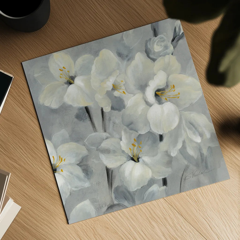 Flowers on Gray II by Silvia Vassileva. Shown as a detailed flat fine art print, highlighting archival giclee quality. Available as an archival giclee rolled canvas, fine art paper, or poster print. SKU 75580a.