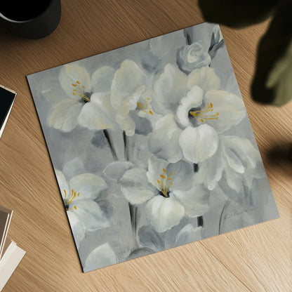 Flowers on Gray II by Silvia Vassileva. Shown as a detailed flat fine art print, highlighting archival giclee quality. Available as an archival giclee rolled canvas, fine art paper, or poster print. SKU 75580a.