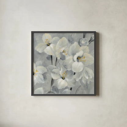 Flowers on Gray II by Silvia Vassileva. Shown in a sleek black glass frame for a contemporary gallery look. Available as an archival giclee rolled canvas, fine art paper, or poster print. SKU 75580a.