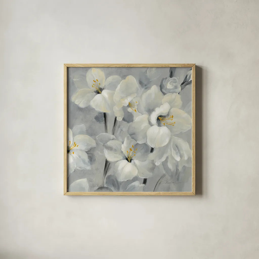 Flowers on Gray II by Silvia Vassileva. Shown in a natural wood glass frame for a timeless modern aesthetic. Available as an archival giclee rolled canvas, fine art paper, or poster print. SKU 75580a.