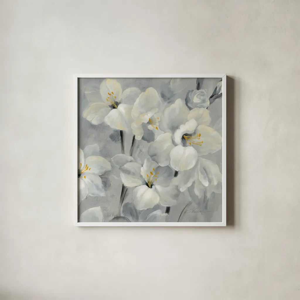 Flowers on Gray II by Silvia Vassileva. Shown in a crisp white glass frame for a clean and minimalist style. Available as an archival giclee rolled canvas, fine art paper, or poster print. SKU 75580a.