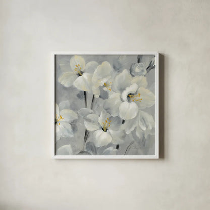 Flowers on Gray II by Silvia Vassileva. Shown in a crisp white glass frame for a clean and minimalist style. Available as an archival giclee rolled canvas, fine art paper, or poster print. SKU 75580a.