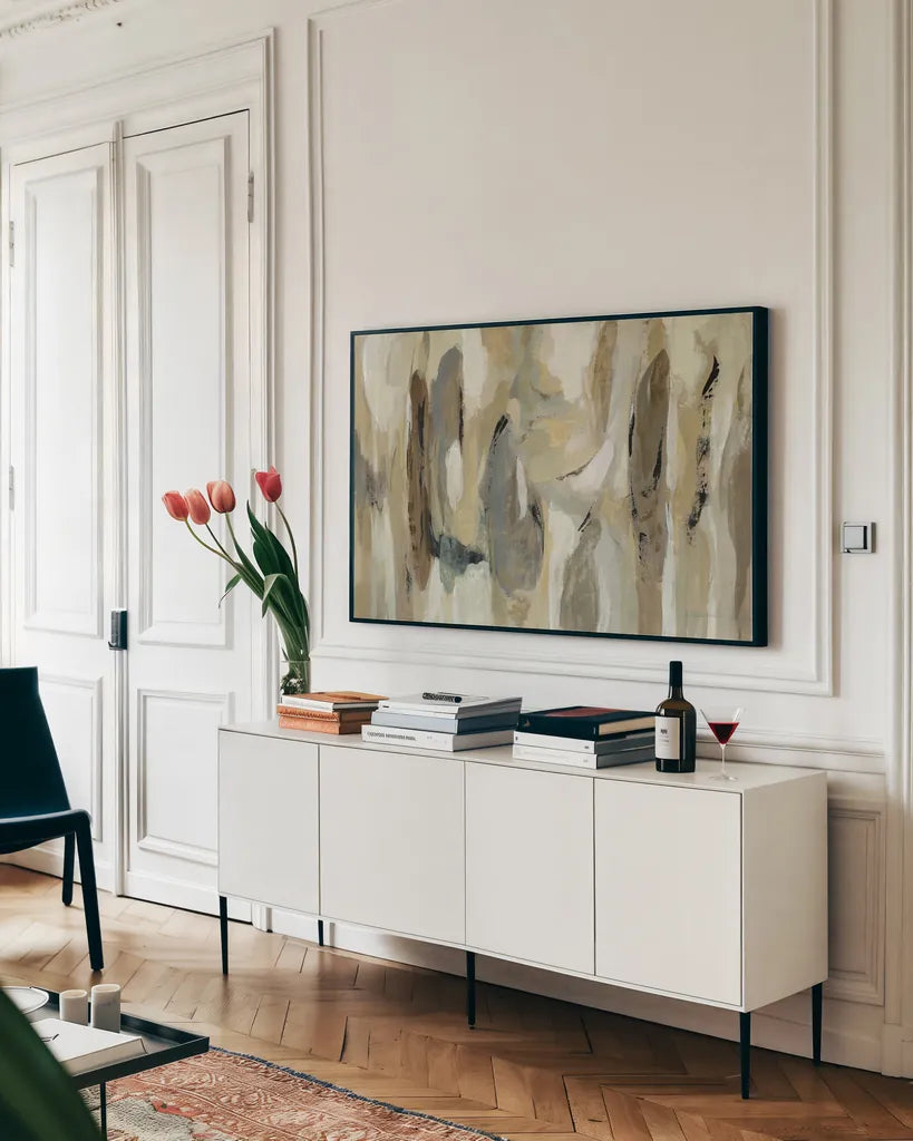 Fluidity Neutral by Silvia Vassileva. shown as a framed stretched canvas in a living room above a console. Available as a archival giclee rolled canvas, fine art paper, or poster print. SKU 57260i.