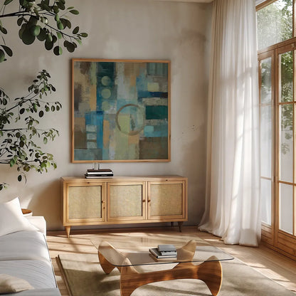 Focal Point by Silvia Vassileva. Shown in a natural wood frame in a cozy modern living room. Available as an archival giclee rolled canvas, fine art paper, or poster print. SKU 12504a.