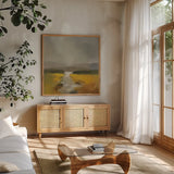 Fog and Golden Fields by Silvia Vassileva. Shown in a natural wood frame in a cozy modern living room. Available as an archival giclee rolled canvas, fine art paper, or poster print. SKU 104189a.