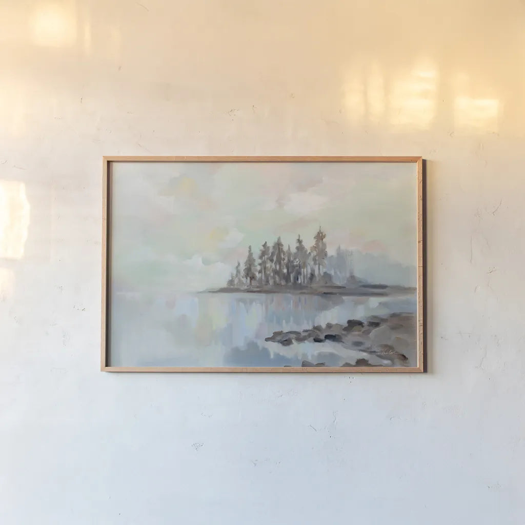 Foggy Lake by Silvia Vassileva. shown as a paper print in a natural frame. Available as a archival giclee rolled canvas, fine art paper, or poster print. SKU 79152i.