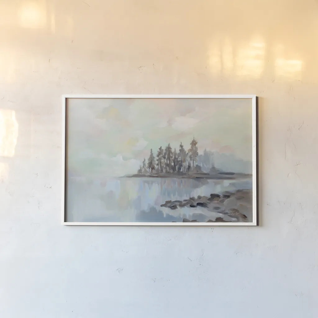 Foggy Lake by Silvia Vassileva. shown as a paper print in a white frame. Available as a archival giclee rolled canvas, fine art paper, or poster print. SKU 79152i.