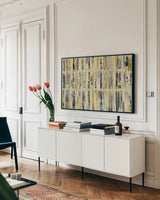 Foliage Tapestry by Silvia Vassileva. shown as a framed stretched canvas in a living room above a console. Available as a archival giclee rolled canvas, fine art paper, or poster print. SKU 50282i.