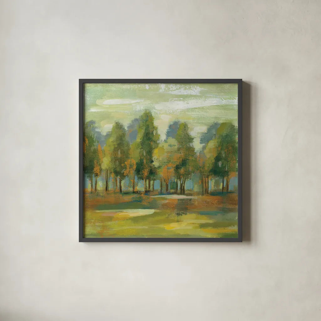 Forest I by Silvia Vassileva. Shown in a sleek black glass frame for a contemporary gallery look. Available as an archival giclee rolled canvas, fine art paper, or poster print. SKU 42188a.