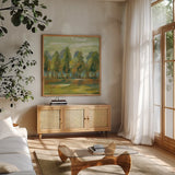 Forest I by Silvia Vassileva. Shown in a natural wood frame in a cozy modern living room. Available as an archival giclee rolled canvas, fine art paper, or poster print. SKU 42188a.