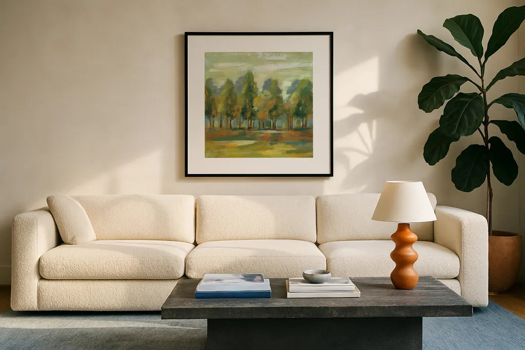Forest I by Silvia Vassileva. Displayed in a glass frame with matte in a clean modern living room. Available as an archival giclee rolled canvas, fine art paper, or poster print. SKU 42188a.
