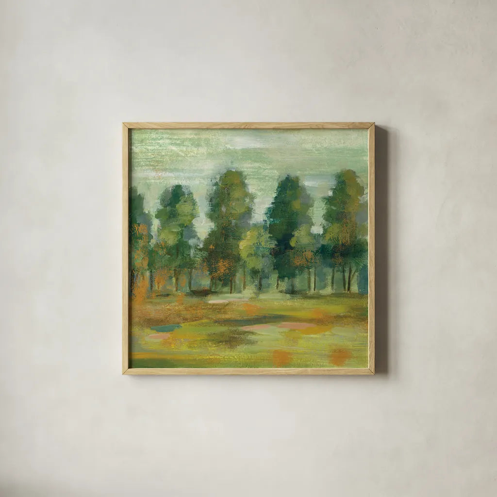 Forest II by Silvia Vassileva. Shown in a natural wood glass frame for a timeless modern aesthetic. Available as an archival giclee rolled canvas, fine art paper, or poster print. SKU 42189a.