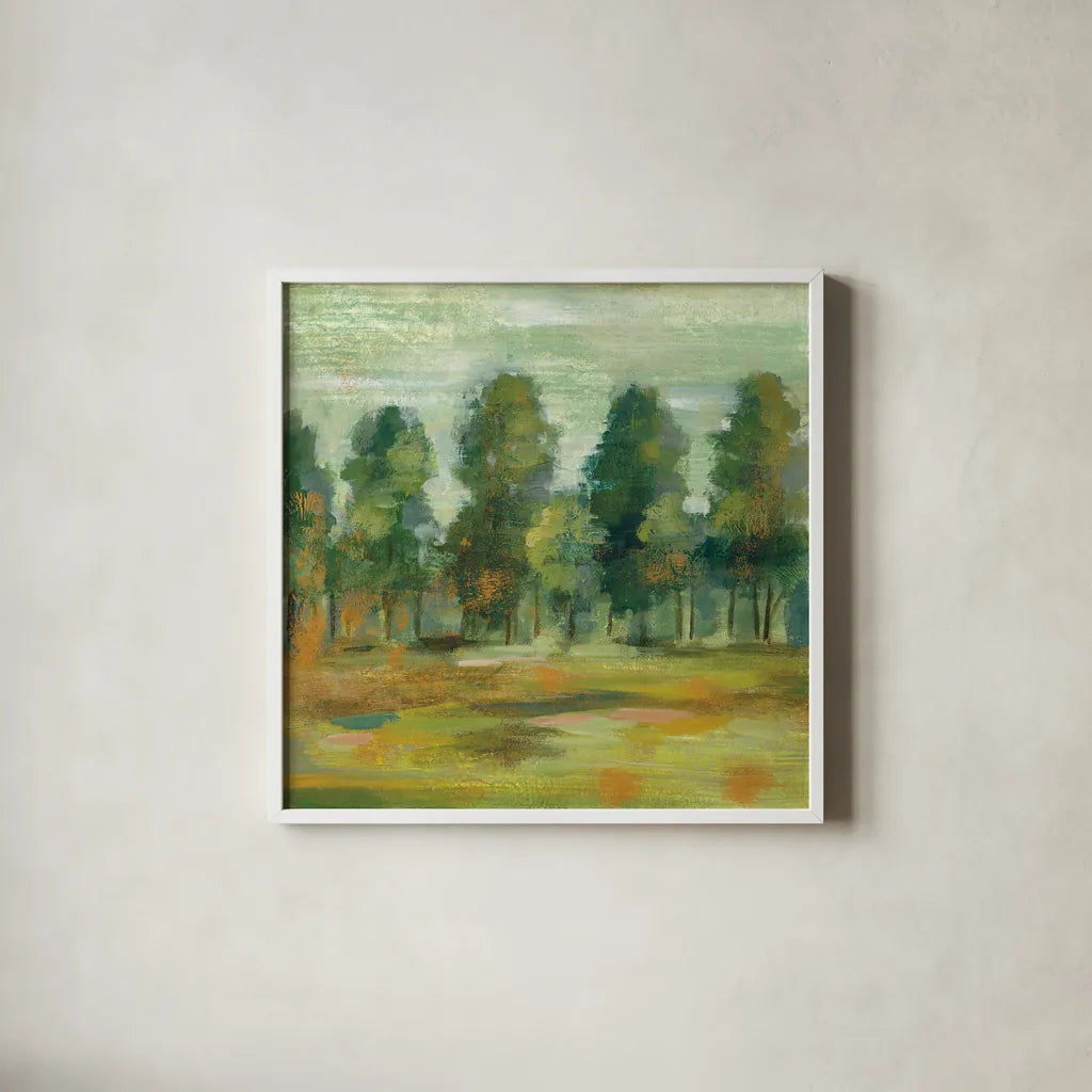 Forest II by Silvia Vassileva. Shown in a crisp white glass frame for a clean and minimalist style. Available as an archival giclee rolled canvas, fine art paper, or poster print. SKU 42189a.