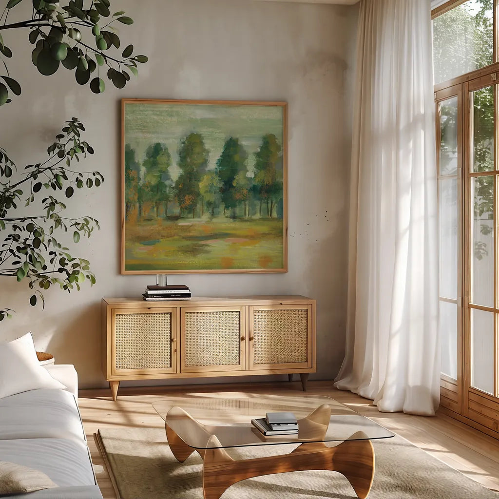 Forest II by Silvia Vassileva. Shown in a natural wood frame in a cozy modern living room. Available as an archival giclee rolled canvas, fine art paper, or poster print. SKU 42189a.