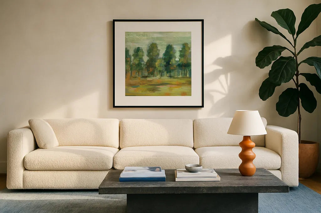 Forest II by Silvia Vassileva. Displayed in a glass frame with matte in a clean modern living room. Available as an archival giclee rolled canvas, fine art paper, or poster print. SKU 42189a.