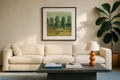 Forest II by Silvia Vassileva. Displayed in a glass frame with matte in a clean modern living room. Available as an archival giclee rolled canvas, fine art paper, or poster print. SKU 42189a.